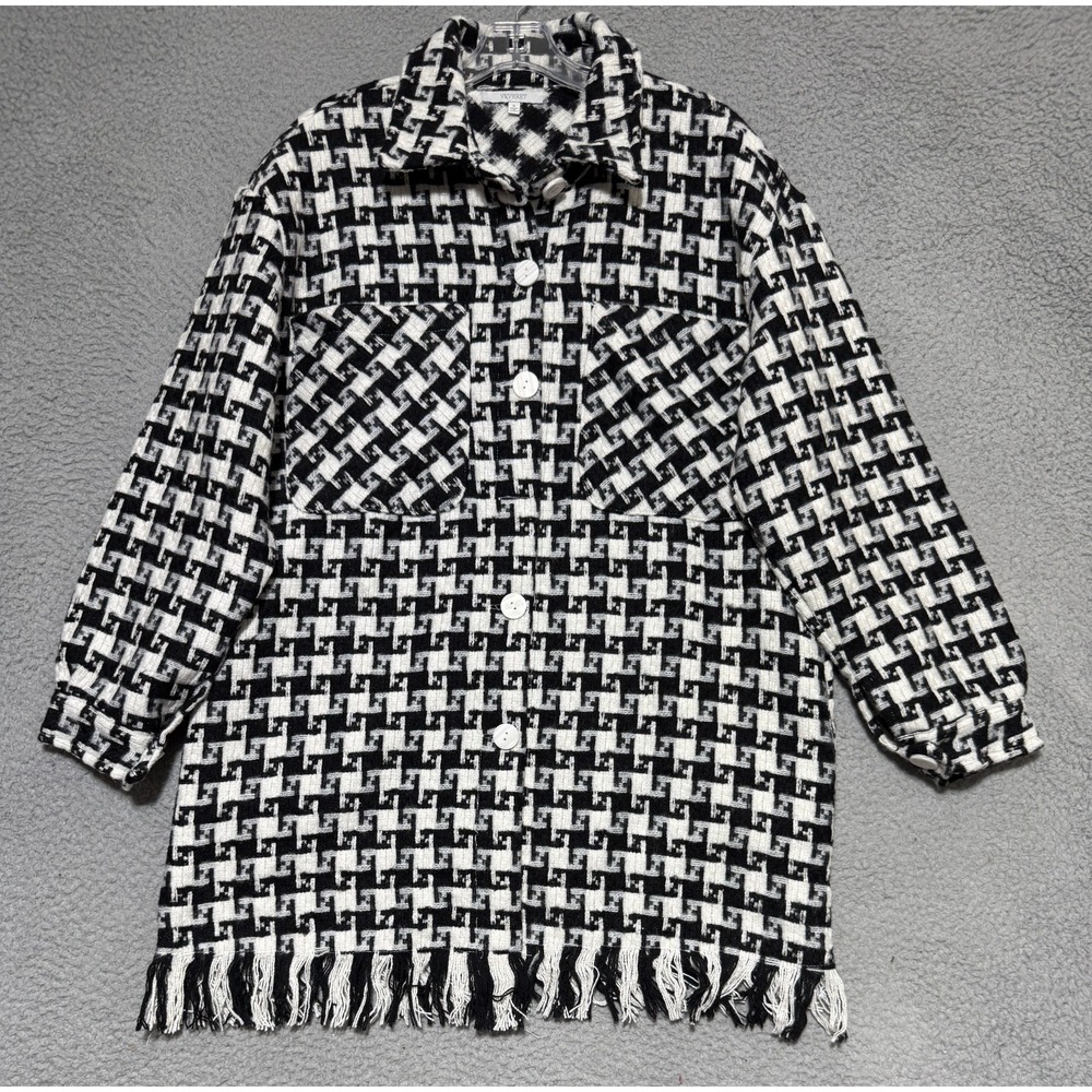 Veveret Button Oversized Fringe Jacket Black White Houndstooth Womens Small